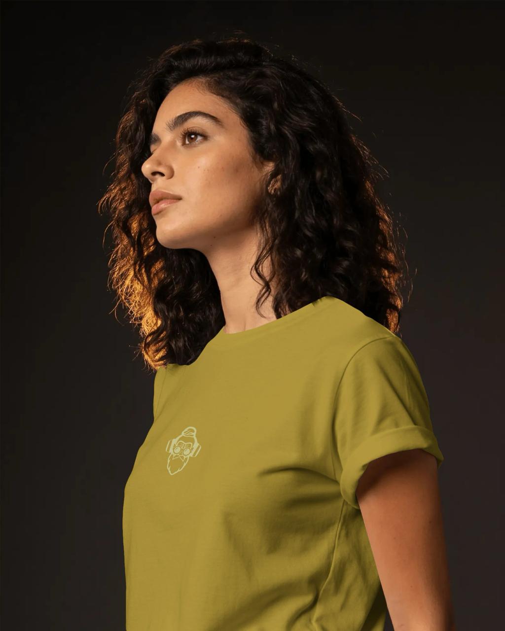 Indian woman in profile wearing golden olive Guru Daddy crew neck tee
